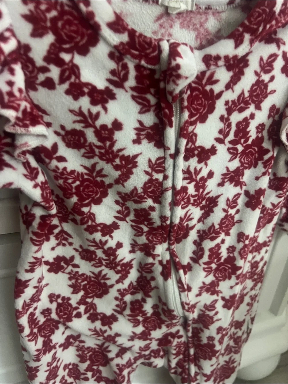 Tahari 3-6M Velvety soft Plush Floral Footed One-Piece -White & Burgundy